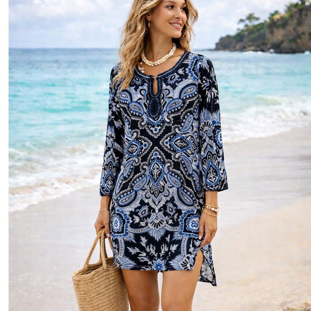 Calypso St. Barth 100% Silk Swim Cover Up Medium Blue Paisley Tunic Beach Dress